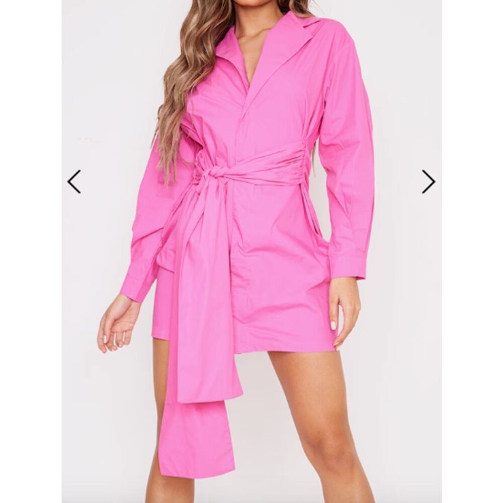 Pretty Little Thing Shirt‎ Dress Size 0 Hot Pink Wrap Belt Stretch Preppy Glam